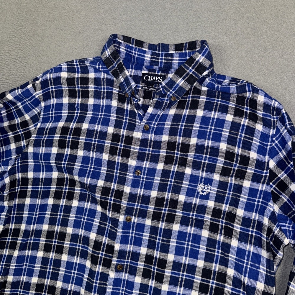 Chaps Shirt Mens XXL 2XL Blue Plaid Long Sleeve Button Down Performance Flannel